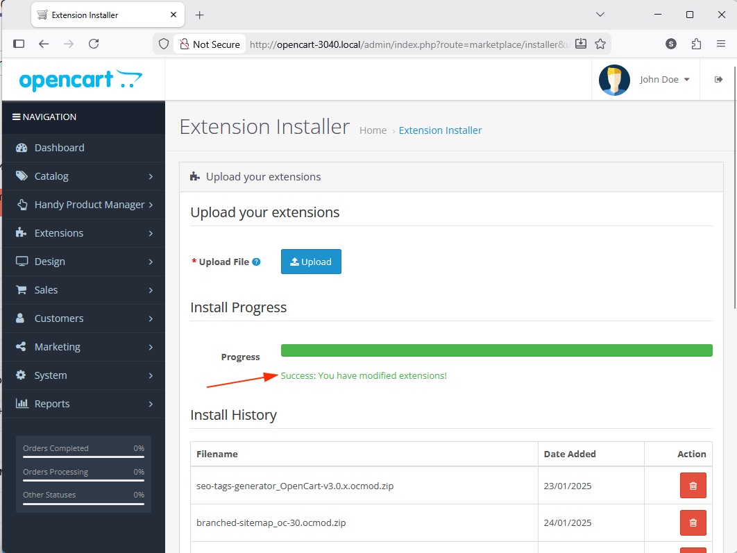 Adım 3: OpenCart’ta kurulum başarıyla tamamlandı