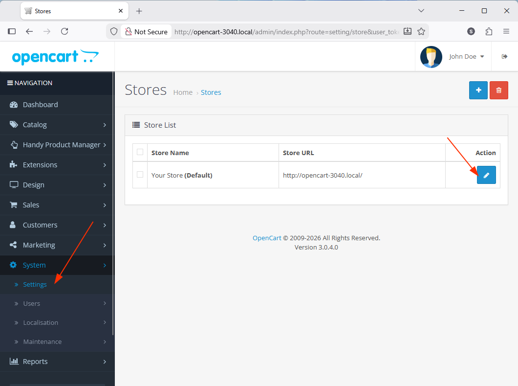 Adım 5: OpenCart Sistem Ayarlarına gidin ve mağazanızı seçin