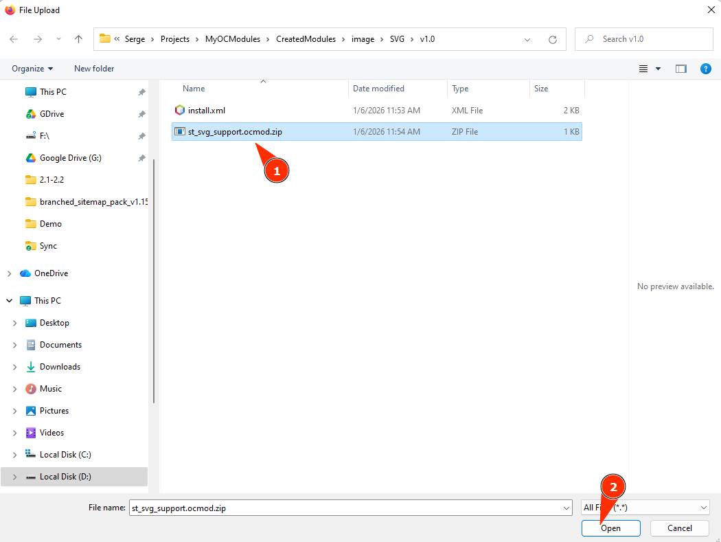 Крок 2: Оберіть файл 'st_svg_support.ocmod.zip'